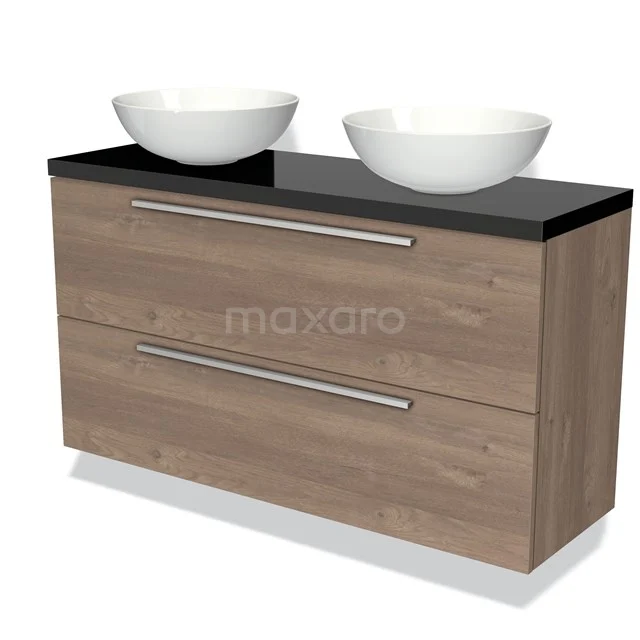 Hölzernes Badezimmermöbel mit schwarzer Platte, doppelten Aufsatzwaschbecken und rostfreien Haltegriffen, modernes Design.