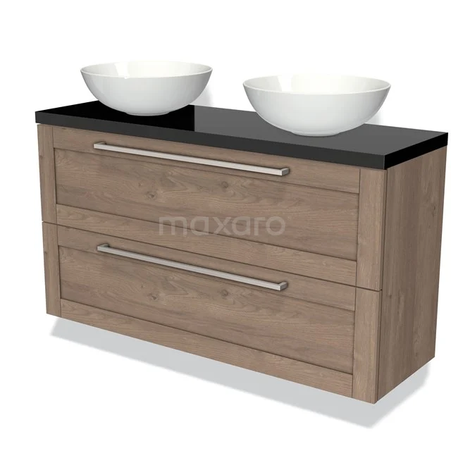 Modulo Plato Slim Vanity units for countertop basin | 120 cm Mid brown oak Frame front High-gloss black worktop 2 Stacked drawers BMK37-01992