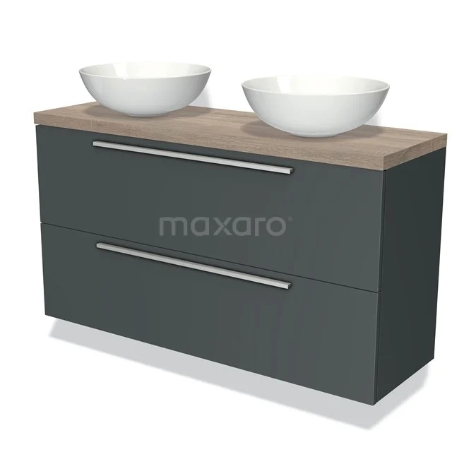 Dark grey bathroom furniture set with two white countertop wash basins and wooden worktop, modern design for a stylish bathroom.