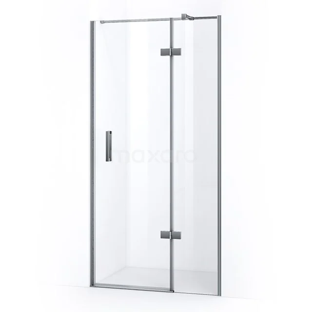 Glass shower door with silver hinges, sleek design and minimalist handle, ideal for modern bathrooms.
