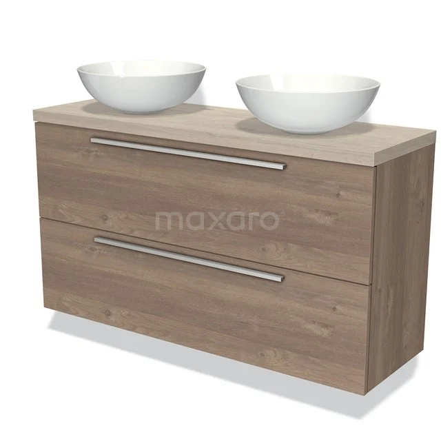 Holz-Badmöbel mit zwei weißen Aufsatzwaschbecken, modernes Design, Natur-Eiche-Finish, ideal für ein stilvolles Badezimmer.