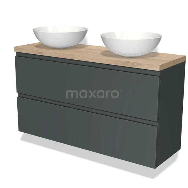 Modulo Plato Slim Vanity units for countertop basin | 120 cm Dark grey Handle-less front Light brown oak worktop 2 Stacked drawers BMK37-02073