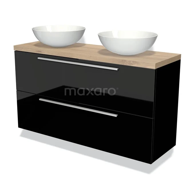Modulo Plato Slim Badmöbel mit Aufsatzwaschbecken | 120 cm Hochglanz Schwarz Flach front Hellbraune Eiche blatt 2 übereinanderliegende Schubladen BMK37-02074 Schwarzes Badmöbel mit Holzfurnierplatte und doppelten weißen Aufsatzwaschbecken, modernes Design mit metallischen Haltegriffen, ideal für Bäder.