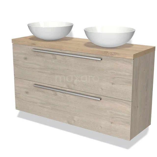Waschtischunterschrank mit Konsole 120cm Modulo Plato Slim Hellgraue Eiche 2 Schubladen Flach BMK37-02079 Holz Badezimmermöbel mit zwei weißen Aufsatzwaschbecken, modernes Design, geräumige Schubladen und metallische Haltegriffe.