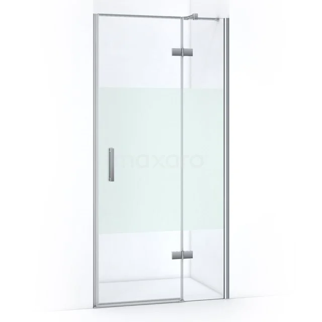 Glass shower door with frosted glass and chrome trim, ideal for stylish bathroom decor.