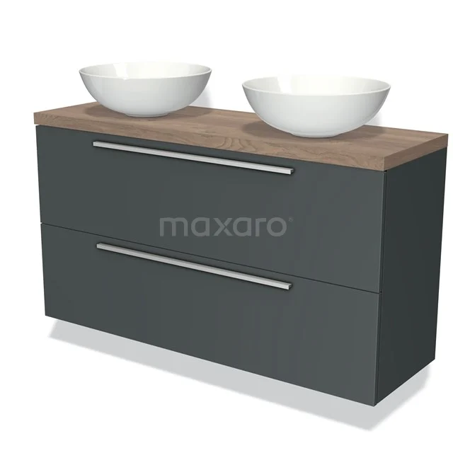 Modulo Plato Slim Vanity units for countertop basin | 120 cm Dark grey Flat front Mid brown oak worktop 2 Stacked drawers BMK37-02101
