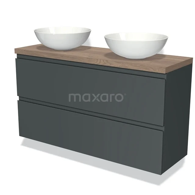 Modulo Plato Slim Vanity units for countertop basin | 120 cm Dark grey Handle-less front Mid brown oak worktop 2 Stacked drawers BMK37-02103