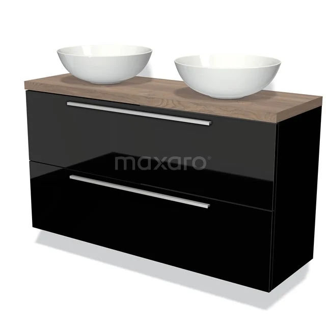 Modulo Plato Slim Vanity units for countertop basin | 120 cm High-gloss black Flat front Mid brown oak worktop 2 Stacked drawers BMK37-02104