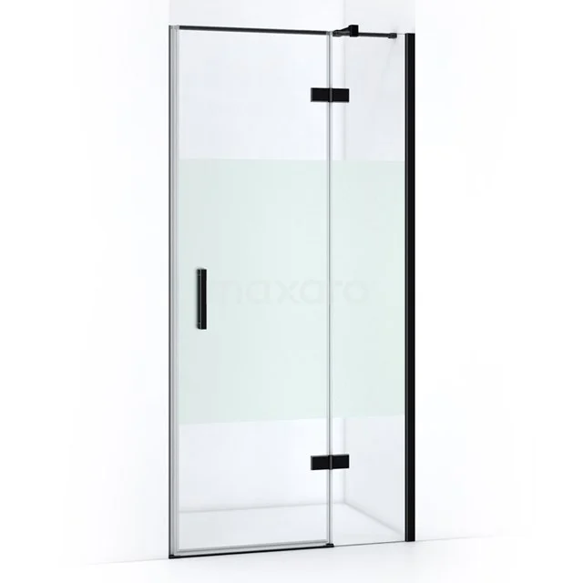 Glasene Duschtür mit mattweißem Mittelteil, schwarzem Rahmen und Haltegriff; modernes Badezimmerdesign.