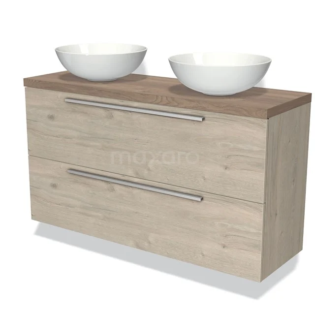 Modulo Plato Slim Vanity units for countertop basin | 120 cm Light grey oak Flat front Mid brown oak worktop 2 Stacked drawers BMK37-02109