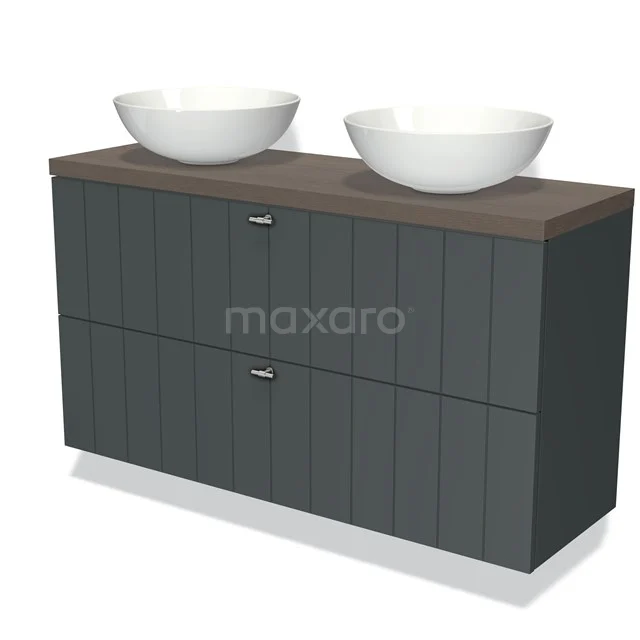 Modulo Plato Slim Vanity units for countertop basin | 120 cm Dark grey Slat front Dark brown oak worktop 2 Stacked drawers BMK37-02132