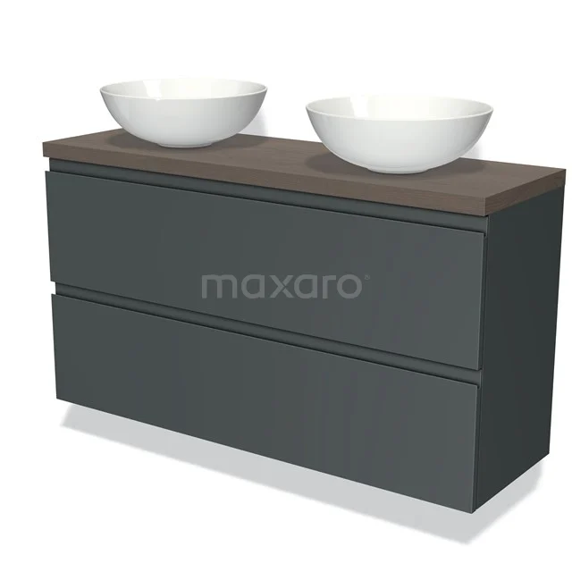 Modulo Plato Slim Vanity units for countertop basin | 120 cm Dark grey Handle-less front Dark brown oak worktop 2 Stacked drawers BMK37-02133