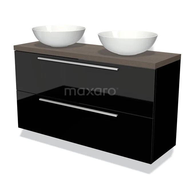 Schwarze Badmöbel mit Holzlook Platte, doppelten Aufsatzwaschbecken und silbernen Haltegriffen, ideal für einen modernen Badezimmerstil.