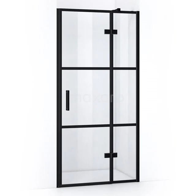 Schwarze Stahl-Duschtür mit Klarglas, industrielles Design geeignet für moderne Bäder, robuste Scharniere und stilvoller Griff.