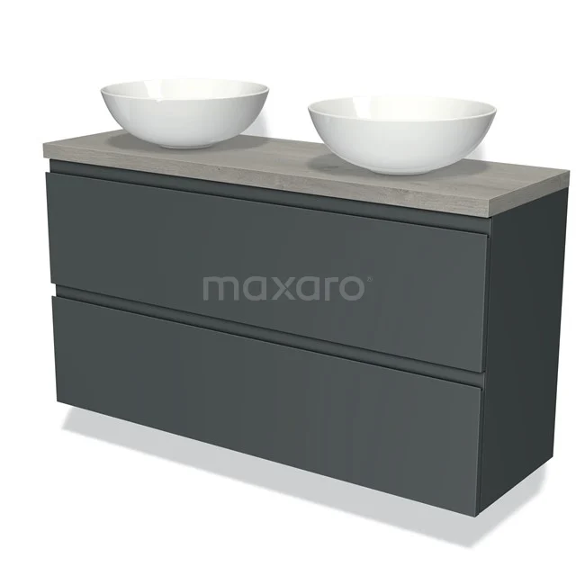 Modulo Plato Slim Vanity units for countertop basin | 120 cm Dark grey Handle-less front Grey oak worktop 2 Stacked drawers BMK37-02163