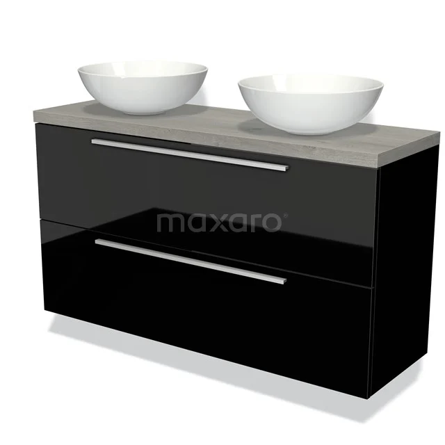 Modulo Plato Slim Vanity units for countertop basin | 120 cm High-gloss black Flat front Grey oak worktop 2 Stacked drawers BMK37-02164