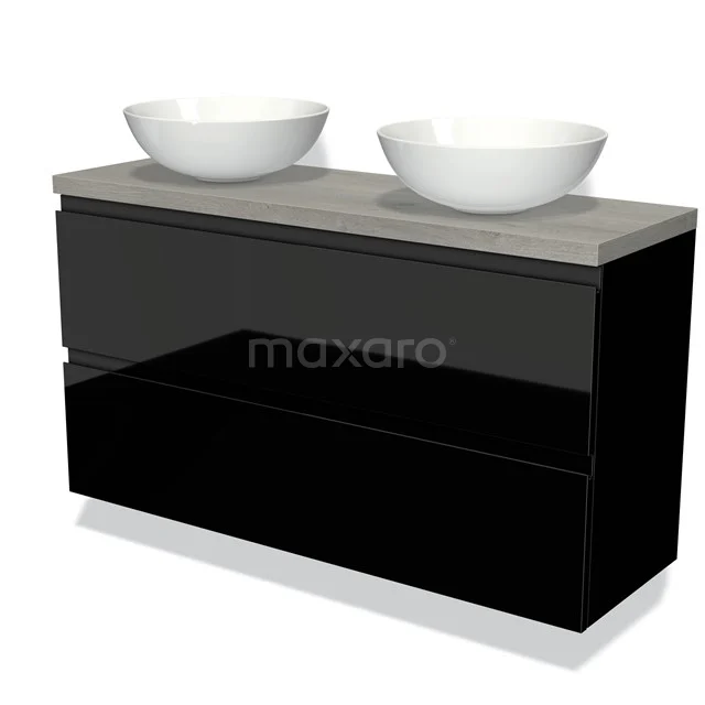 Modulo Plato Slim Vanity units for countertop basin | 120 cm High-gloss black Handle-less front Grey oak worktop 2 Stacked drawers BMK37-02166