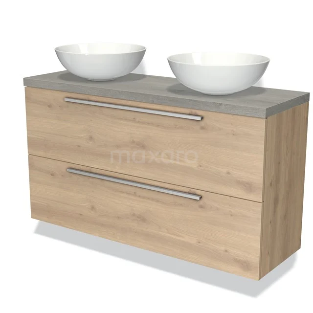 Badmöbel mit Konsole 120cm Modulo Plato Slim Hellbraune Eiche 2 Schubladen Flach BMK37-02171 Hölzernes Badezimmermöbel mit zwei runden, weißen Aufsatzwaschbecken und metallischen Haltegriffen, modernes Design mit Betonlook Platte.