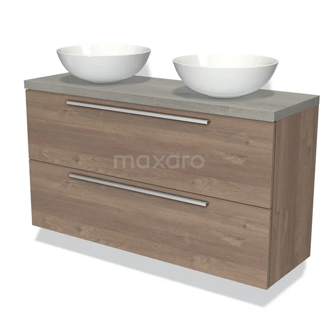 Modulo Plato Slim Badkamermeubel voor waskom | 120 cm Middenbruin eiken Vlak front Grijs eiken blad 2 lades onder elkaar BMK37-02173