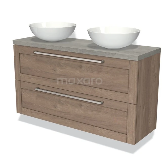 Wooden bathroom unit with two countertop wash basins, grey worktop and metal handles, ideal for stylish bathroom storage.