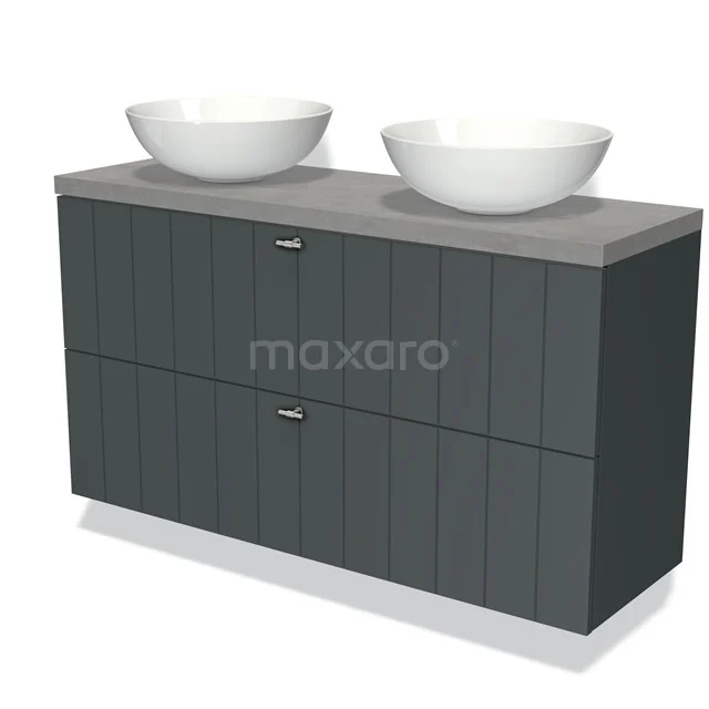 Modulo Plato Slim Vanity units for countertop basin | 120 cm Dark grey Slat front Light grey concrete worktop 2 Stacked drawers BMK37-02192