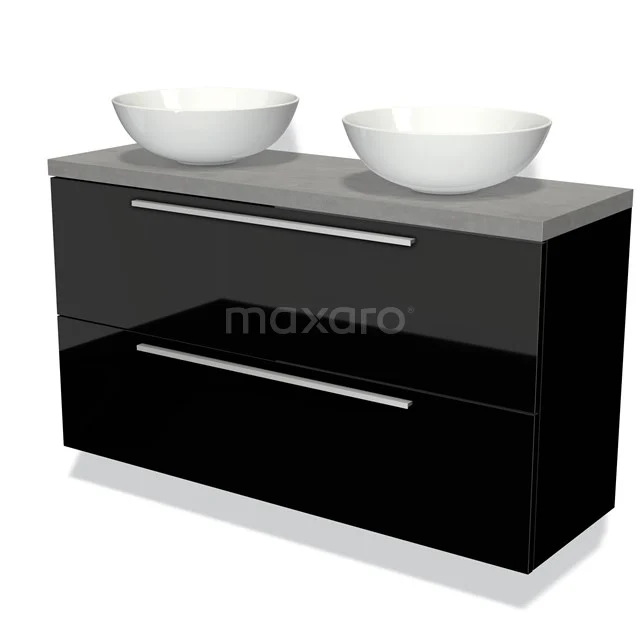 Modulo Plato Slim Vanity units for countertop basin | 120 cm High-gloss black Flat front Light grey concrete worktop 2 Stacked drawers BMK37-02194