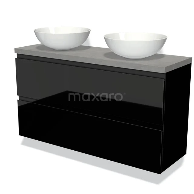 Modulo Plato Slim Vanity units for countertop basin | 120 cm High-gloss black Handle-less front Light grey concrete worktop 2 Stacked drawers BMK37-02196