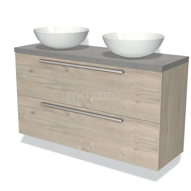 Modulo Plato Slim Vanity units for countertop basin | 120 cm Light grey oak Flat front Light grey concrete worktop 2 Stacked drawers BMK37-02199