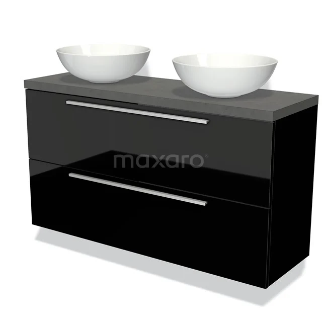 Modulo Plato Slim Vanity units for countertop basin | 120 cm High-gloss black Flat front Dark grey concrete worktop 2 Stacked drawers BMK37-02225