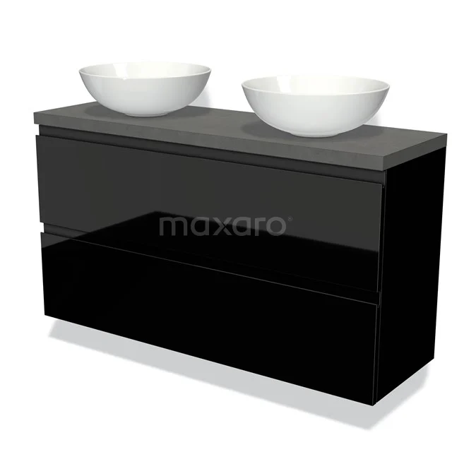 Modulo Plato Slim Vanity units for countertop basin | 120 cm High-gloss black Handle-less front Dark grey concrete worktop 2 Stacked drawers BMK37-02227