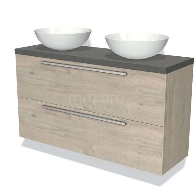 Holz Badezimmermöbel mit Natursteinlook Platte und zwei weißen Aufsatzwaschbecken, ideal für ein modernes Badezimmer.