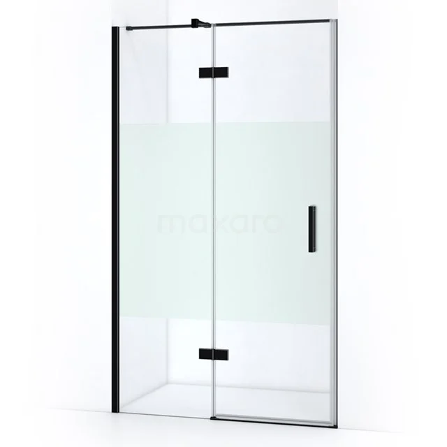 Glass shower door with frosted glass insert, black frame and Handle. Stylish bathroom design with modern finishes.