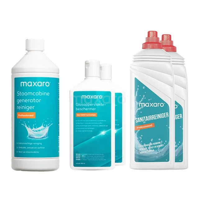 Wartungspaket für die Dampfkabine 911013797 Maxxcare desinfizierende Badezimmerprodukte Set mit weißen und türkisfarbenen Flaschen, ideal für gründliche Hygiene und Reinigung.