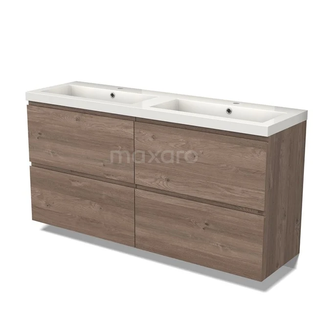 Doppelwaschbecken mit Holzoptik-Unterschrank, vier Schubladen und weißen Keramikwaschbecken. Perfekt für moderne Badezimmerlagerung.