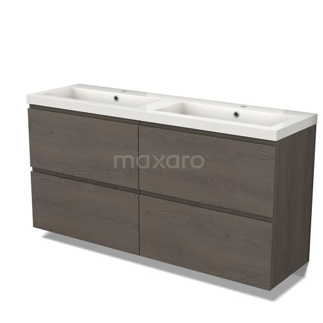 Double vanity unit in wood look with white ceramic sinks, ideal for a modern bathroom design.