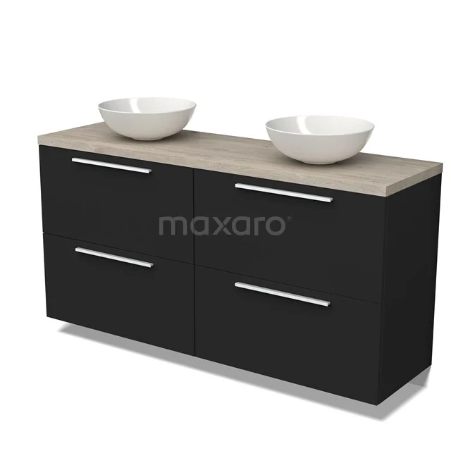 Schwarzer Badschrank mit Holzplatte, zwei weißen Aufsatzwaschbecken, schnittiges Design, moderner Stil, ideal für Doppelwaschbeckenaufstellung.