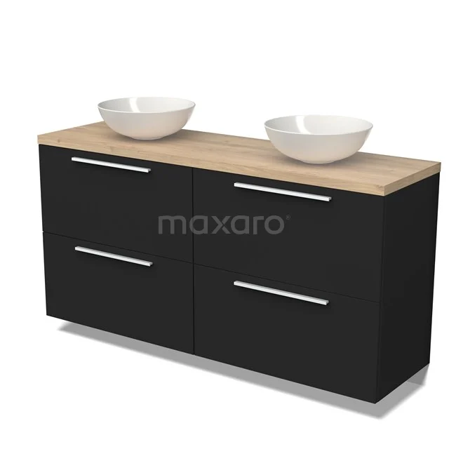 Schwarz Badmöbel mit Doppelwaschbecken, Holz Platte und schlichten Metallgriffen, modernes Design.