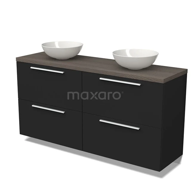 Badmöbel für Waschtischunterschrank mit Konsole 160cm Modulo Plato Matt Schwarz 4 hohe Schubladen Flach dunkelbraune Eiche Platte BMK14-00455 Schwarzes doppeltes Badezimmermöbel mit Holzlook Platte, zwei weißen Aufsatzwaschbecken und modernen metallischen Haltegriffen für stilvolle Badezimmer Einrichtung.