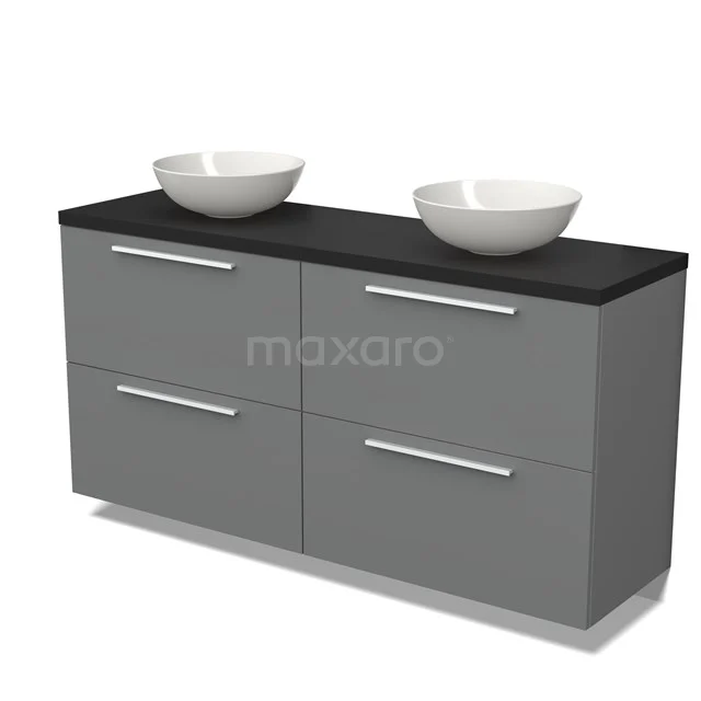 Modulo Plato Badmöbel mit Aufsatzwaschbecken | 160 cm Mittelgrau Flach front Matt Schwarz blatt 4 hohe Schubladen BMK14-00470 Grauer Badschrank mit mattschwarzer Waschtischplatte und doppelten weißen Aufsatzwaschbecken, modernes Design mit vier Schubladen.