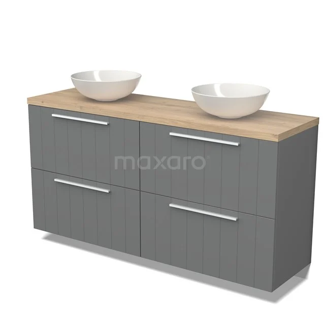 Grauer Badschrank mit Holzlook Platte, vier Schubladen und doppelten weißen Aufsatzwaschbecken, modernes Design für Badezimmerlagerung.