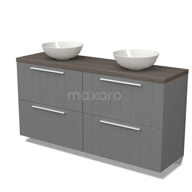 Modulo Plato Vanity units for countertop basin | 160 cm Mid grey Slat front Dark brown oak worktop 4 high drawers BMK14-00483
