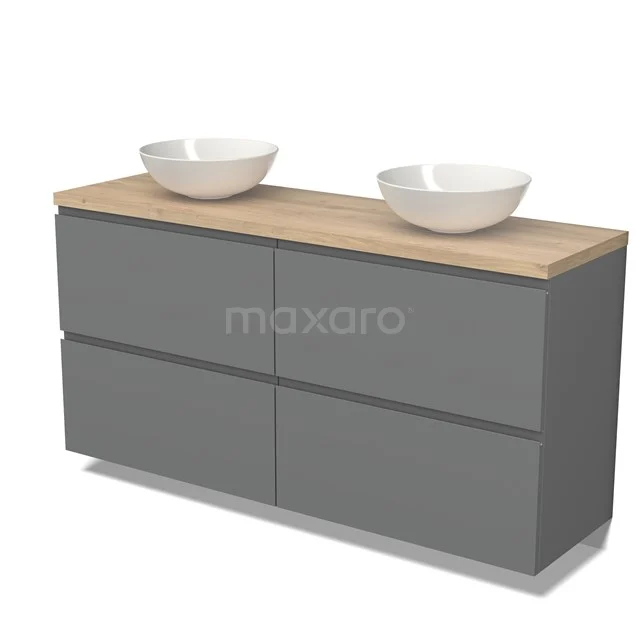 Graue Badmöbel Set mit Holzlook Platte und doppelten weißen Aufsatzwaschbecken, modernes Design für ein stilvolles Badezimmer.