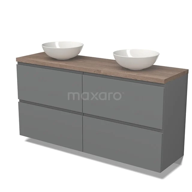 Grey bathroom furniture set with wooden worktop and double white countertop wash basins, sleek design made of high-quality materials.