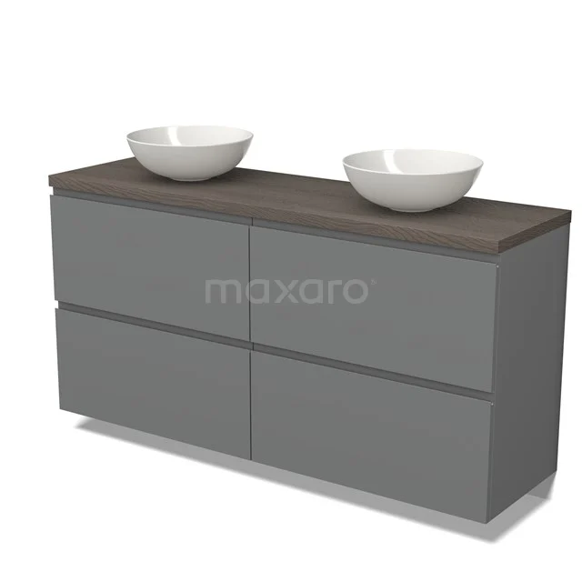 Grey bathroom furniture set with two white countertop wash basins, dark wood worktop and four drawers for stylish and practical bathroom storage.