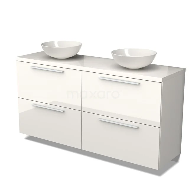 Badmöbel für Aufsatzwaschbecken 160cm Modulo Plato Hochglanz Weiß 4 hohe Schubladen Flach BMK14-00492 Weißes Hochglanz-Badmöbel mit doppelten Aufsatzwaschbecken, modernem Design, vier Schubladen und glänzender Verarbeitung für eine luxuriöse Ausstrahlung.