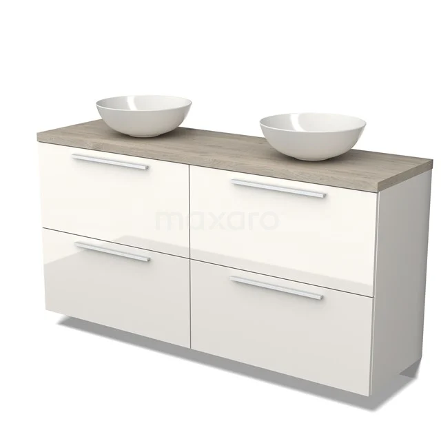 Weißes Holz-Badmöbel mit doppeltem Aufsatzwaschbecken und Holzlook Platte, geräumigen Schubladen und modernem Design für moderne Bäder.