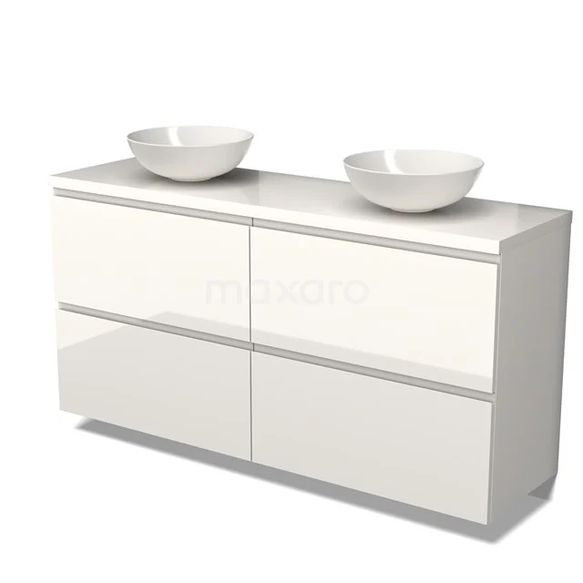 Badmöbel für Waschtischunterschrank mit Konsole 160cm Modulo Plato Hochglanz Weiß 4 hohe Schubladen Grifflos BMK14-00506 Weißes Hochglanz-Badmöbel mit doppeltem Aufsatzwaschbecken, schlankes Design, ideal für moderne Bäder.