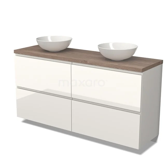 Weiße Badmöbelset mit Doppelwaschtischplatte aus Holzoptik und zwei Aufsatzbecken, modernes Design.