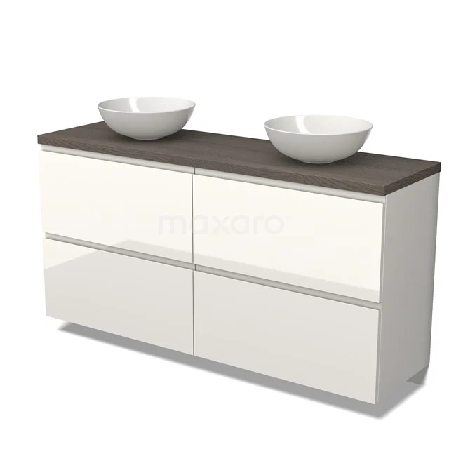 Witglänzendes Badmöbel mit Holzlook Platte, doppelte Aufsatzwaschbecken und straff modernem Design, ideal für stilvolle Bäder.