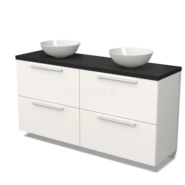 Badmöbel für Waschtischunterschrank mit Konsole 160cm Modulo Plato Matt Weiß 4 hohe Schubladen Flach Matt Schwarz Platte BMK14-00512 Weißes Badmöbel mit zwei keramischen Waschbecken, schwarzer Platte und vier Schubladen, modernes Design für elegante Badezimmer Einrichtung.